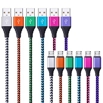 Micro USB Cable, FiveBox 6 Pack 6Ft Premium Nylon Braided USB Fast Charging Cable Cords for Samsung Galaxy S6/S7 Edge, J3 J5 J7, Note 4/5, Tab4, HTC One M8, LG G Stylo G3, Android Phones