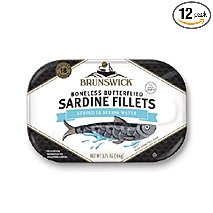 Brunswick Sardine Fillets in Water, 3.75 oz Can (Pack of 12) - Wild Caught Sardines in Spring Water- 18g Protein per Serving - Gluten Free, Keto Friendly - Great for Pasta & Seafood Recipes