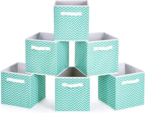 MaidMAX Collapsible Cloth Storage Bins Cubes Baskets Containers with Dual Handles for Home Closet Bedroom Drawers Organizers, Aqua Chevron, 10.5 x 10.5 x 11″, Set of 6