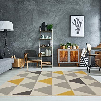 Milan Ochre Mustard Yellow Grey Beige Harlequin Triangles Traditional Living Room Rug 190cm x 280cm