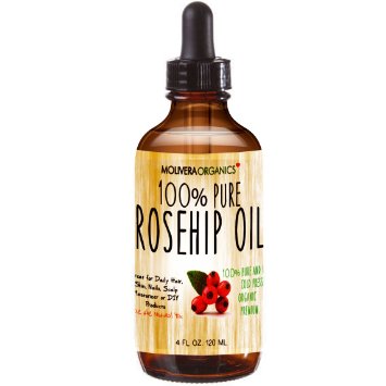 Molivera Organics Rosehip Oil 4 Fl Oz 100 Pure Premium Organic Cold Pressed Virgin Rosehip Seed Oil -Best for Hair Skin Face and Nails - Great for DIY - UV Resistant Bottle - Satisfaction Guarantee