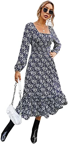 KANCY KOLE Women's Smocked Waist Dress Long Sleeve Ruffle Long Maxi Dress with Side Split S-XXL