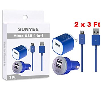 SUNYEE (TM) 4-in-1 Charging Set Inlcudes 2-Tone AC Travel Wall Charger   Dual USB Car Charger   2 x 3 Feet. Micro USB to USB 2.0 Cable Charging Cord for Samsung Galaxy S3/S4/Note 2 and Other Smartphones (SUNYEE Blue)