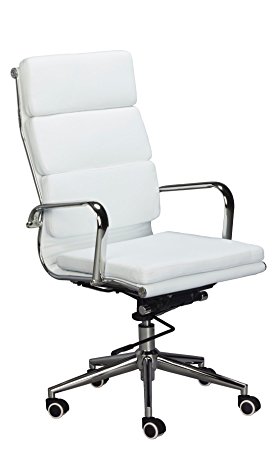 Eames Replica High Back Office Chair - WHITE Vegan Leather, thick high density foam, stabilizing bar swivel & deluxe tilting mechanism
