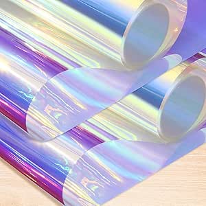 Zonon Dichroic Film Iridescent Cellophane Window Film 16 x 100 Inches Holographic Clear Window Privacy Decal Rainbow Effect Decorative Glass Self Adhesive Sticker Cellophane Roll(Blue,2 Sheets)