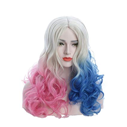 Karlery Women's Fluffy Pink and Blue Mixed Long Curly wig Halloween Costume Cosplay Wig