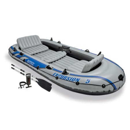 Intex Excursion 5 5-Person Inflatable Boat Set with Aluminum Oars and High Output Air Pump Latest Model