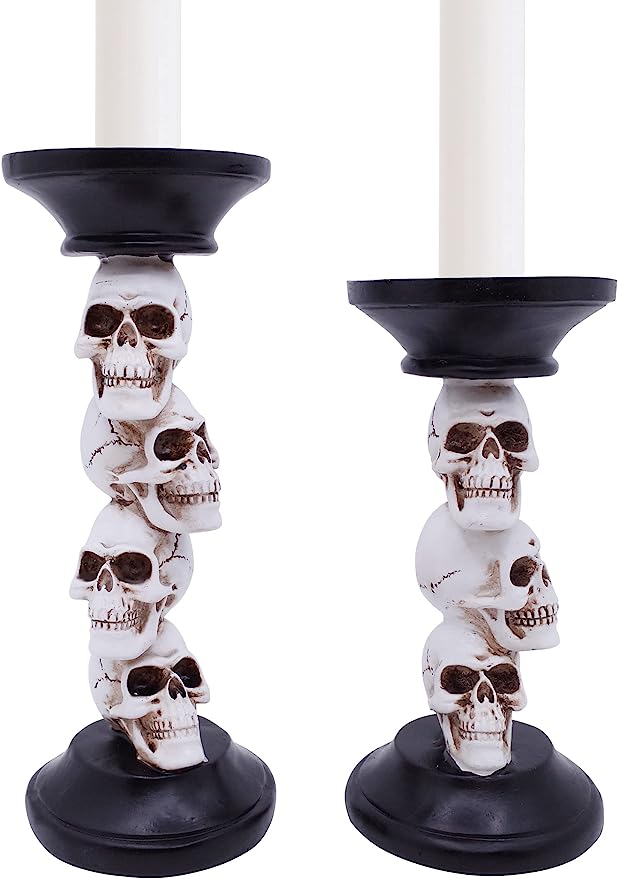 Etistta Halloween Skull Candle Holder for Fireplace Halloween Decorations, 9.5 inch Tall Polyresin Candlestick Holders White Bones Black Candlesticks for Halloween Decor, Set of 2
