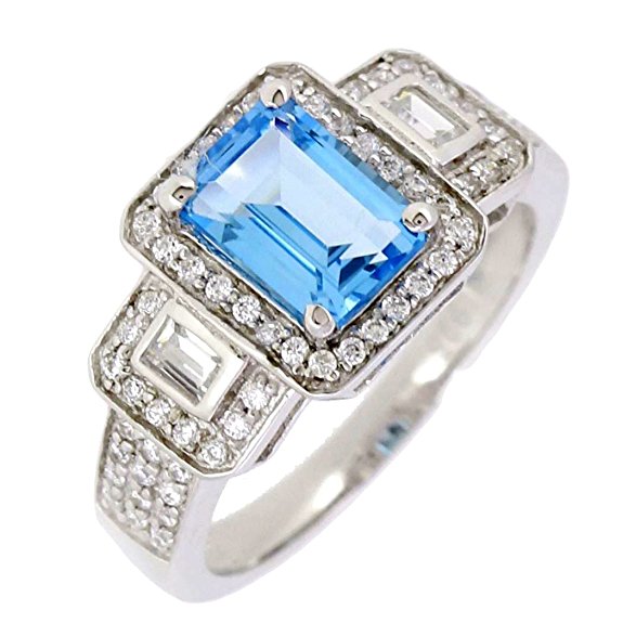 Sterling Silver Emerald Cut Genuine Blue Topaz Three Stone Halo Engagement Ring (2.4 CT.T.W)