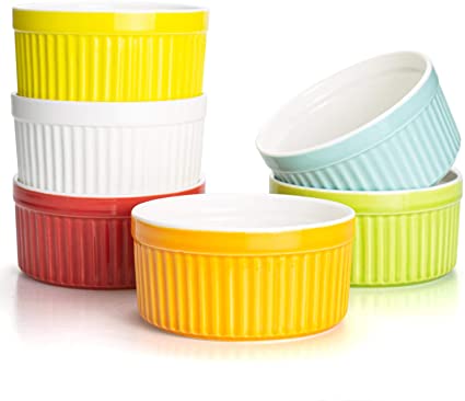 Foraineam Set of 6 Pcs 8 oz Porcelain Souffle Dishes, 6 Colors Oven Safe Ramekins Bakeware Set Dessert Custard Baking Dishes Cups for Souffle, Creme Brulee and Ice Cream