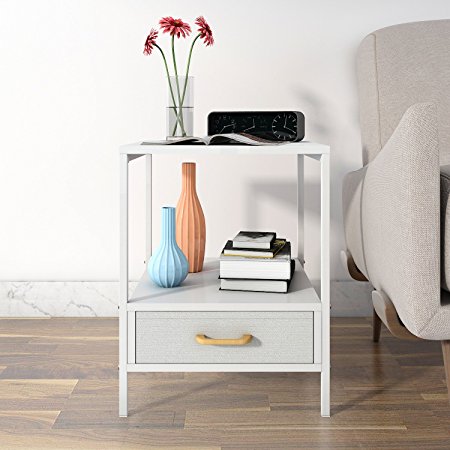 Lifewit 2-tier Side Table End Table, Nightstand with Drawer, Coffee Table for Bedroom Living Room, Modern Collection, Square, White