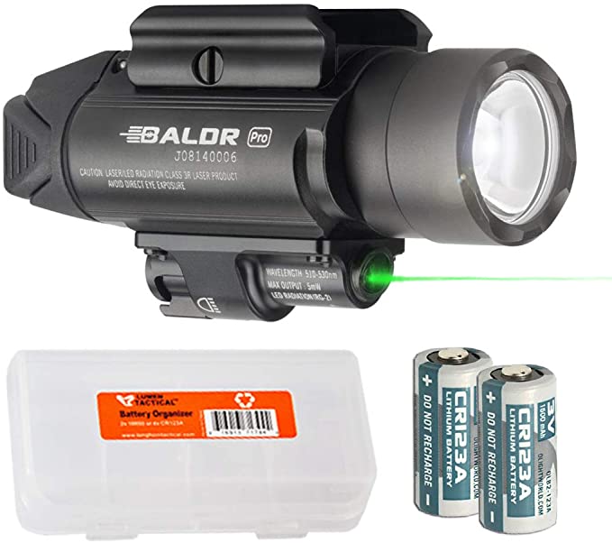 OLIGHT Baldr Pro 1350 Lumen WeaponLight Flashlight with Green Laser Sight with LumenTac Battery Organizer