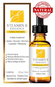 100% All Natural & Organic Vitamin E Oil For Your Face & Skin - 15000 IU - Reduces Wrinkles, Lightens Dark Spots, Heals Stretch Marks & Surgical Scars. Best Treatment for Hair, Nails, Lips & After Mask. Stick with Non GMO & Non D L -Alpha Tocopheryl.