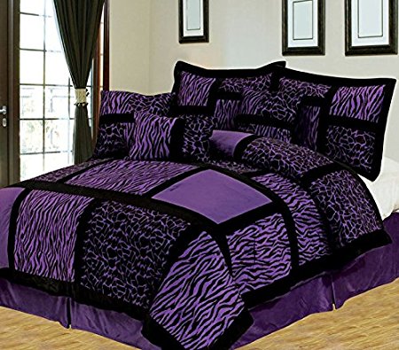 7 Piece Queen Safari Purple and Black Patchwork Micro Suede Comforter Set