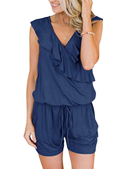 MEROKEETY Women's Summer V Neck Ruffles Sleeveless Shorts Elastic Waist Pockets Jumpsuit Rompers