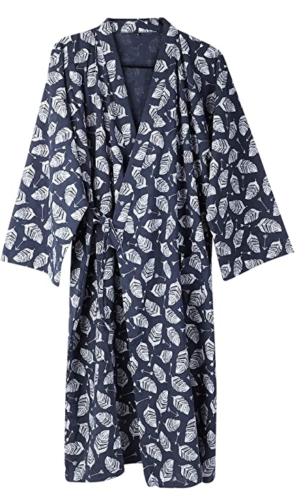 Qchomee Men's Kimono Robes Cotton Bademantel Dressing Gown Khan Steamed Clothing Bathrobes Long Sleeve Sleepwear Loungewear Nightwear, Navy