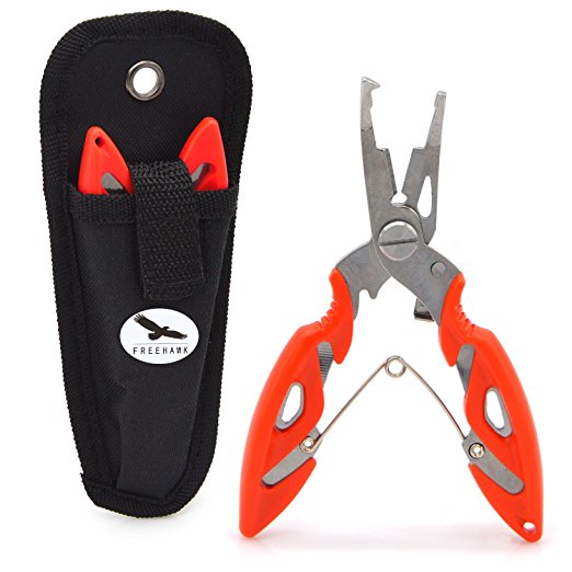 Freehawk Multi Function Stainless Steel Fishing Pliers Curved Nose Scissors Braid Cutters Hook Removers Fishing Line Cutters with Nylon Sheath