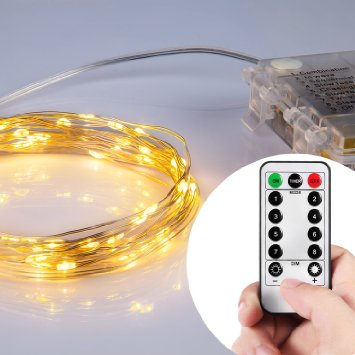 Homestarry Battery String Lights PRO 66  LEDs 16-Feet Flexible Silver Wire Battery Operated Waterproof Design with Wireless Remote Control Warm White