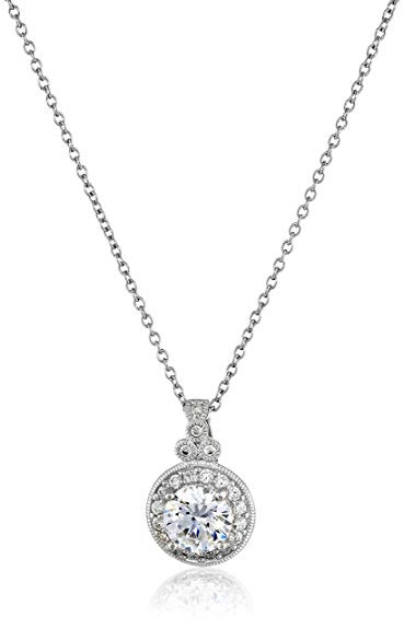 Platinum-Plated Sterling Silver Swarovski Zirconia Round-Cut Antique Pendant Necklace, 18"