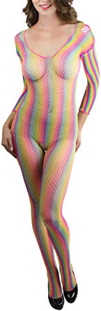 ToBeInStyle Women's Rainbow Fishnet Striped Crotchless Bodystocking