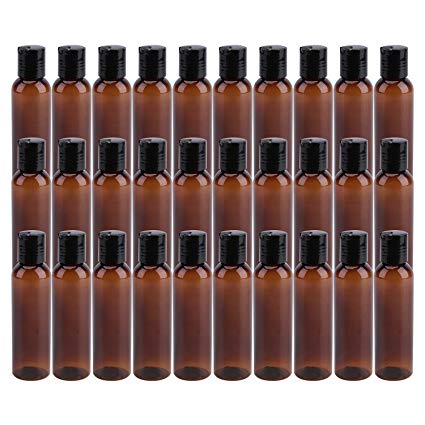 Bekith 30 Pack 4oz Plastic Squeeze Bottles with Disc Top Flip Cap, Empty Amber BPA-Free Refillable Containers For Shampoo, Lotions, Liquid Body Soap, Creams