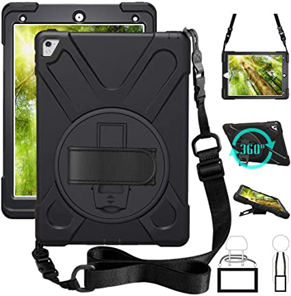 ZenRich iPad Pro 9.7 Case 2016, 360 Rotating Kickstand Hand Strap & Shoulder Belt zenrich Shockproof Heavy Duty Rugged Case for iPad Pro 9.7 inch 2016 Release A1673/A1675 Black