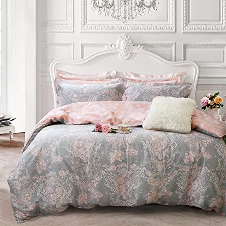 Brandream Blush Pink Bedding Sets Queen Size Girls Damask Flower Bedding 100% Cotton Duvet Cover Set 3-Piece(Comforter not Included)