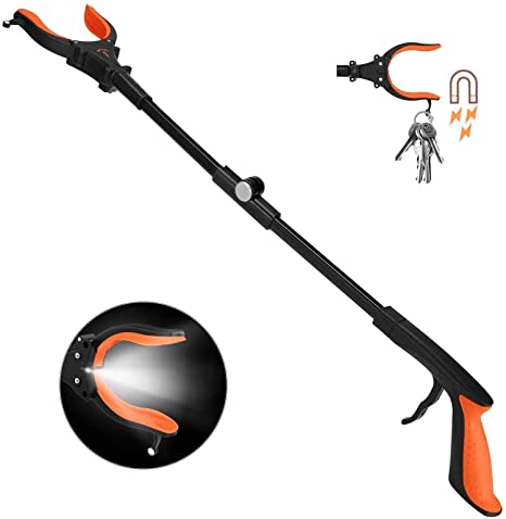 Extendable Grabber Reacher Tool with Headlight, 32 inch Foldable Lawn Trash Picker Upper Grabber, 90° Rotating Anti-Slip Jaw, Heavy-Duty Stick, Portable Claw Grabber for Elderly