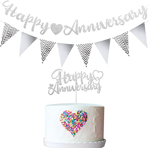 Happy Anniversary Glitter Banner Happy Anniversary Cake Topper Triangle Banner Heart Bunting Decorations for Wedding Anniversary Birthday Party Supplies (Silver)