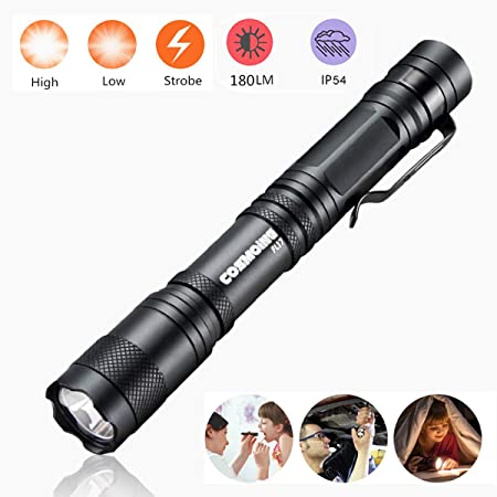 Pen Flashlight, COSMOING 3 Modes Small Pen Light Flashlight, Super Bright Powered By 2xAA Battery(Not Included) IP54 Waterproof with Pocket Clip Penlight for Camping, Inspection, Medical, Emergency