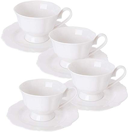 Eileen's Reserve New Bone China waved white cup and saucer, Set of 4