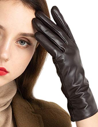 Women's Full-Hand Touchscreen Genuine Leather Gloves Winter Warm 100% Cashmere Lined