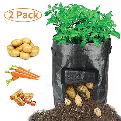 10 Gallon 2-Pack Black Garden Potato Grow Bags Portable Durable Big Home Farm Planter Planting Bag PE Tub Pouch Handles Access Flap Soil Container for Potato, Carrot, Onion & Vegetables Flower Plant