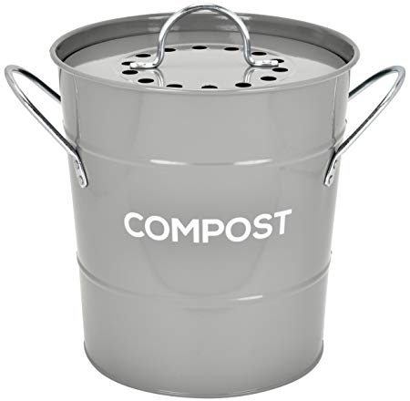 INDOOR KITCHEN COMPOST BIN by Spigo, Great for Food Scraps, Includes Charcoal Filter For Odor Absorbing, Removable Clean Plastic Bucket, Handles, Durable Stainless Retro Design, 1 Gallon, Grey