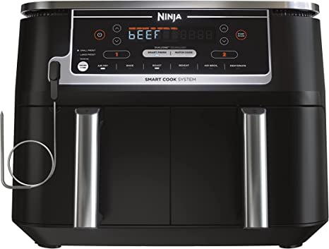 Ninja DZ550 Foodi 10 Quart 6-in-1 DualZone Smart XL Air Fryer with 2 Independent Baskets, Smart Cook Thermometer for Perfect Doneness, Match Cook & Smart Finish to Roast, Dehydrate & More, Grey