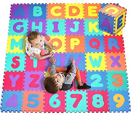 Alphabet & Numbers Rubber EVA Foam Puzzle Play Mat Floor. 36 Interlocking playmat Tiles (Tile:12X12 Inch/36 Sq.feet Coverage). Ideal for Crawling Baby, Infant, Classroom, Toddlers, Kids, Gym Workout
