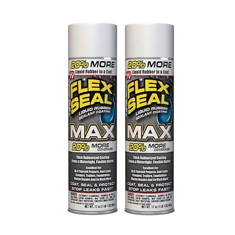 Flex Seal MAX, 17 oz, 2-Pack, White, Stop Leaks Instantly, Waterproof Rubber Spray On Sealant Coating, Perfect for Gutters, Wood, RV, Campers, Roof Repair, Skylights, Windows, and More