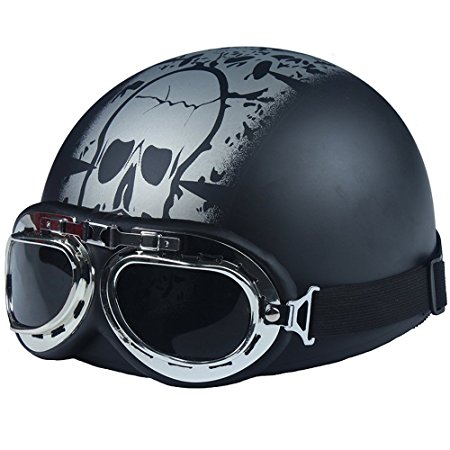 Fatmingo German Style Half Helmet with Goggles Motorcycle Biker Cruiser Scooter Touring Harley Helmet (Black Skull)