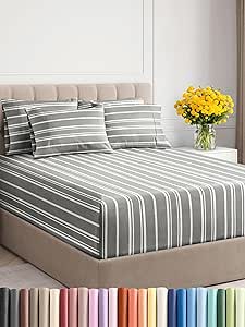 Extra Deep Cal King Sheet Set - 6 Piece Breathable & Cooling Sheets - Hotel Luxury Bed Sheets Set - Easy Fit - Soft, Wrinkle Free & Comfy Sheets Set - Grey Striped Sheet Set with Extra Deep Pockets