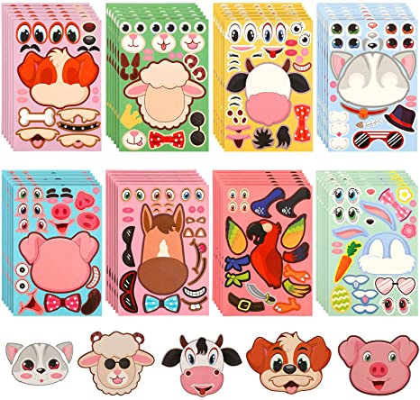 48 Pieces Make a Face Animal Stickers Make Your Own Animal Stickers Farm Zoo Themed Fun Stickers for Kids Party Favors, Rewards, Art Craft with 8 Designs (Adorable Style)