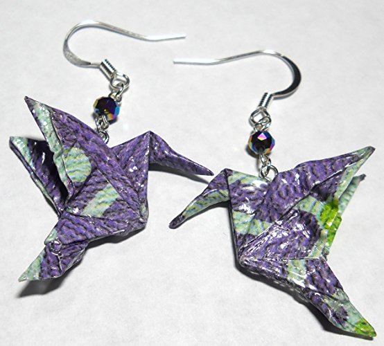 Paper Origami Hummingbird Light Weight Earrings, Lavenda Purple, Blue & Green w/ Swarovski Beads