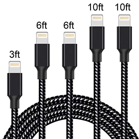 ONSON Phone Cable 5Pack 3FT 2X6FT 2X10FT to USB Syncing Data and Nylon Braided Cord Charger Charging Cable Compatible Phone XS MAX, XR, X, 8, 7, 7 Plus, 6, 6s, 6 Plus, 5, 5c, 5s, SE - Black