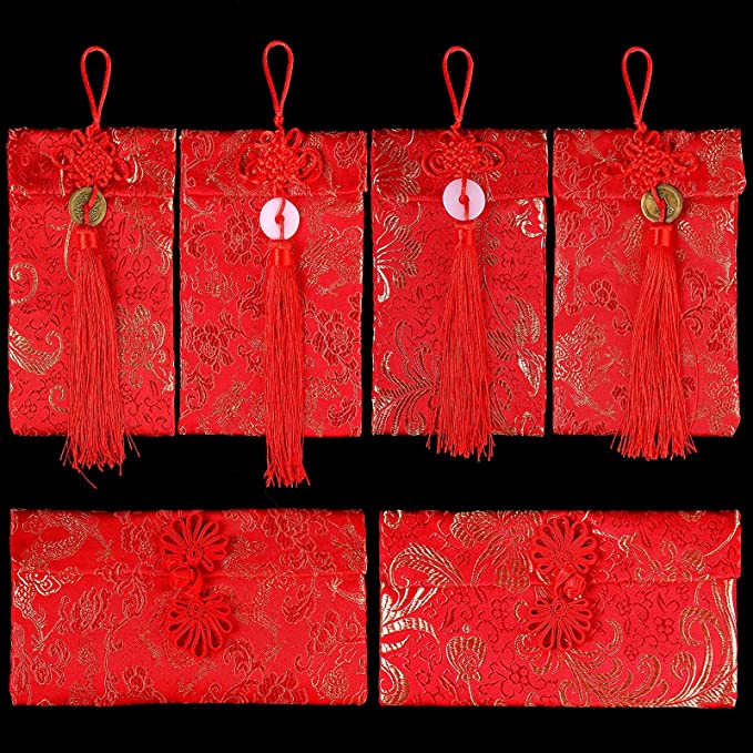 6 Pieces Chinese New Year Silk Weddings Red Envelope 2023 Year of The Rabbit Money Envelopes for Cash Lucky Hongbao Pocket Chinese Silk Bags Red Envelopes for Spring Festival Birthdays