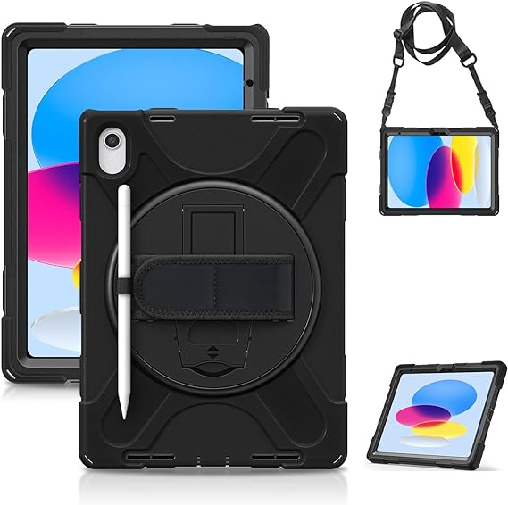 Gerutek iPad 10th Generation Case, iPad Case 10th Generation Shockproof 2022 with [360 Rotating Stand&Hand Strap][Pencil Holder][Shoulder Strap] Heavy Duty Rugged iPad 10th Gen Case,Black