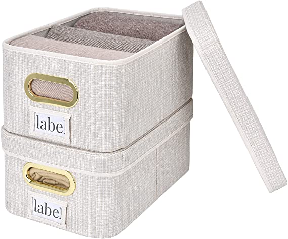 StorageWorks Decorative Storage Basket with Lids, Storage Bin for organizing, Shelf Bins for Home/Office, Medium, Beige White, 2 Pack