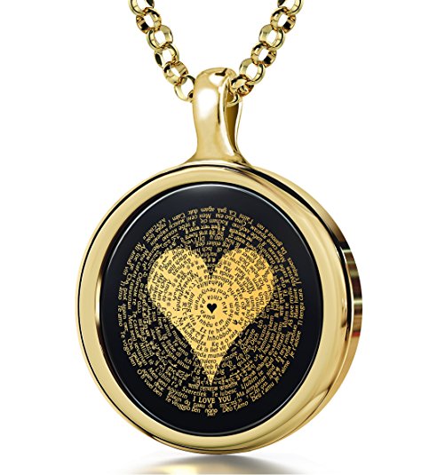 I Love You Necklace 120 Languages Inscribed in 24k Gold on Round Onyx Pendant, 18" - NanoStyle Jewelry