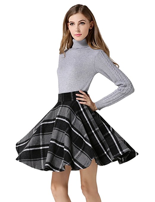 Tanming Women's High Waisted Wool Check Print Plaid Aline Skirt