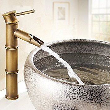 Aquafaucet Waterfall Antique Brass Finish Bathroom Vessel Sink Faucet - Bamboo Shape Design