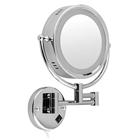 Floureon 8.5 Inch LED Lighted Double-Sided Wall Mounted Makeup Mirror,1x and 10x Magnification Cosmetic Shaving Bathroom Mirror,Chrome Finish