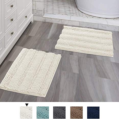 Extra Thick Striped Bath Rugs for Bathroom - (Set of 2) Anti-Slip Bath Mats Soft Plush Chenille Yarn Shaggy Mat Living Room Bedroom Mat Floor Water Absorbent (Cream, 17 x 24 Plus 17 x 24 - Inches)